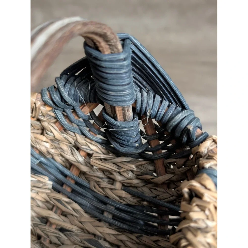 Vintage Miniature Woven Basket Blueish Green & Brown Seagrass Twig Handle Rustic